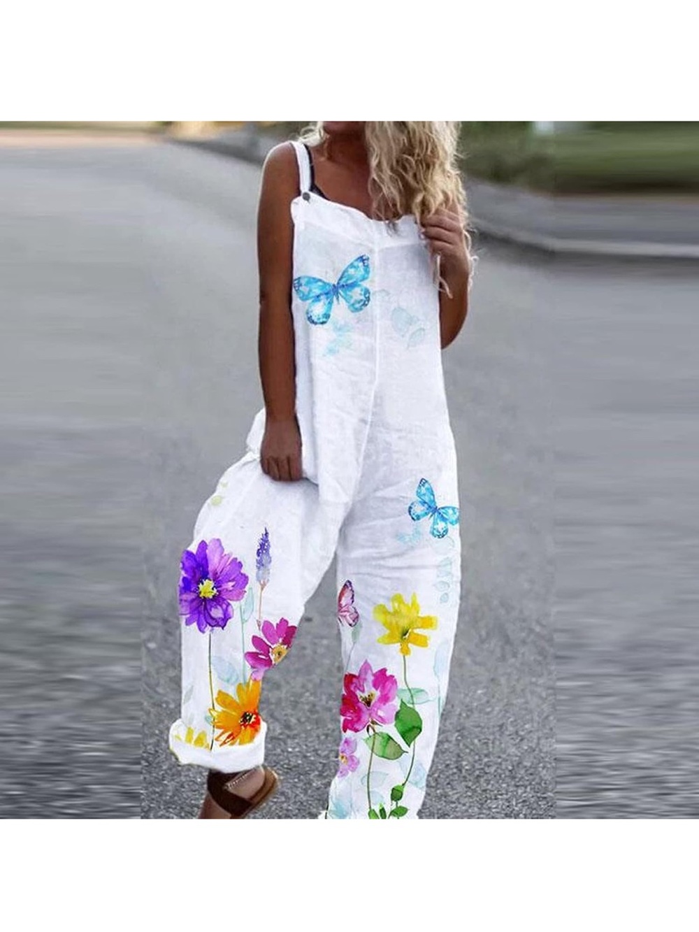 Women’s White Floral & Butterfly Linen Romper Jumpsuit